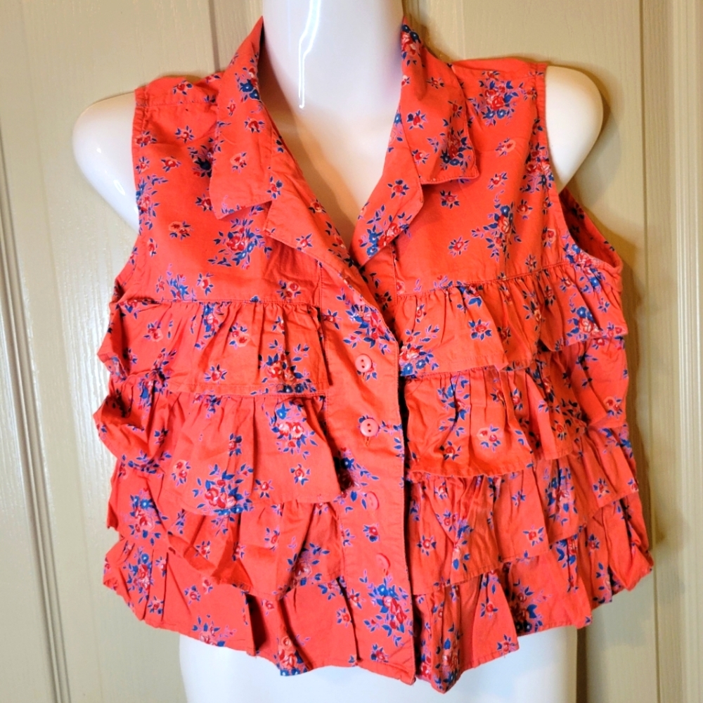 Pinwheel Ruffled - Floral Print - Collar - button up Blouse - Coral Size Med